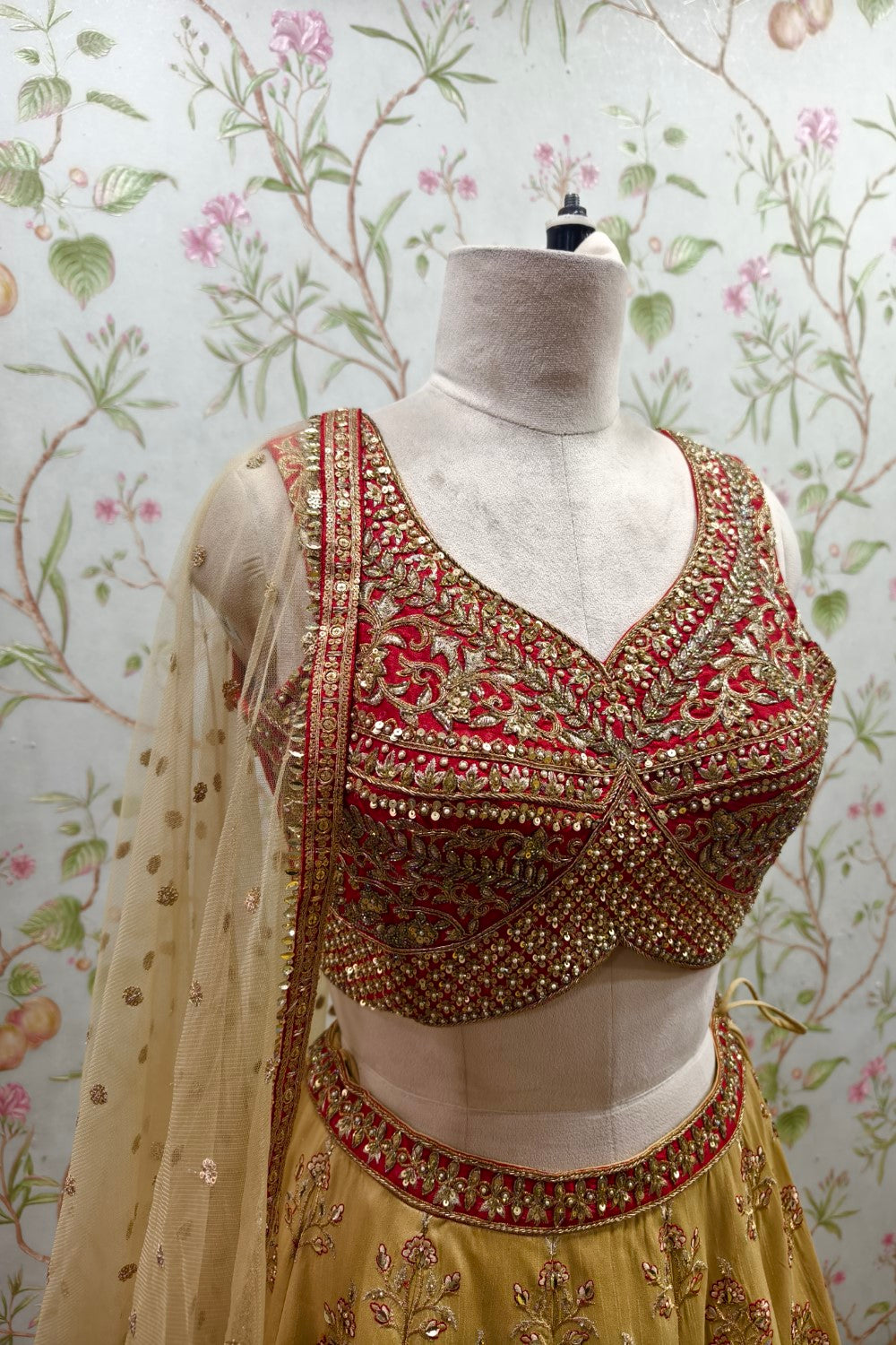 Golden Lehenga with Stunning Red Embroidered Blouse - Designer Bridal Ensemble