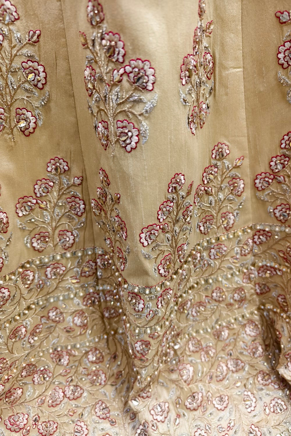 Golden Lehenga with Stunning Red Embroidered Blouse - Designer Bridal Ensemble