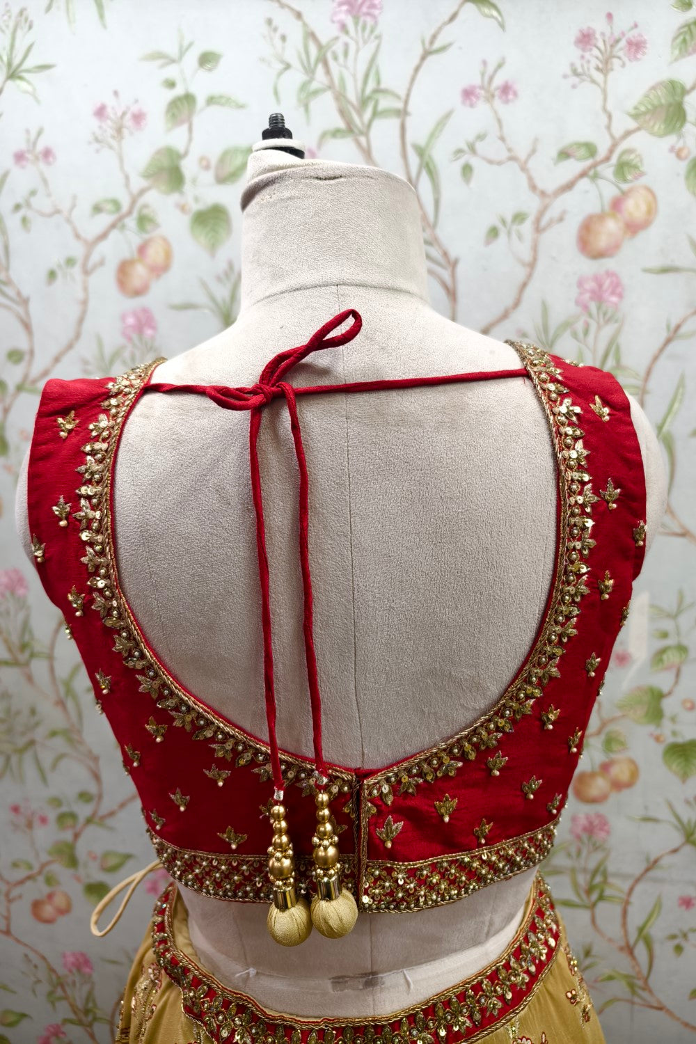 Golden Lehenga with Stunning Red Embroidered Blouse - Designer Bridal Ensemble