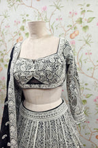 Black Net Embroidery Cutdana Sweetheart Neck Diamond Lehenga Set