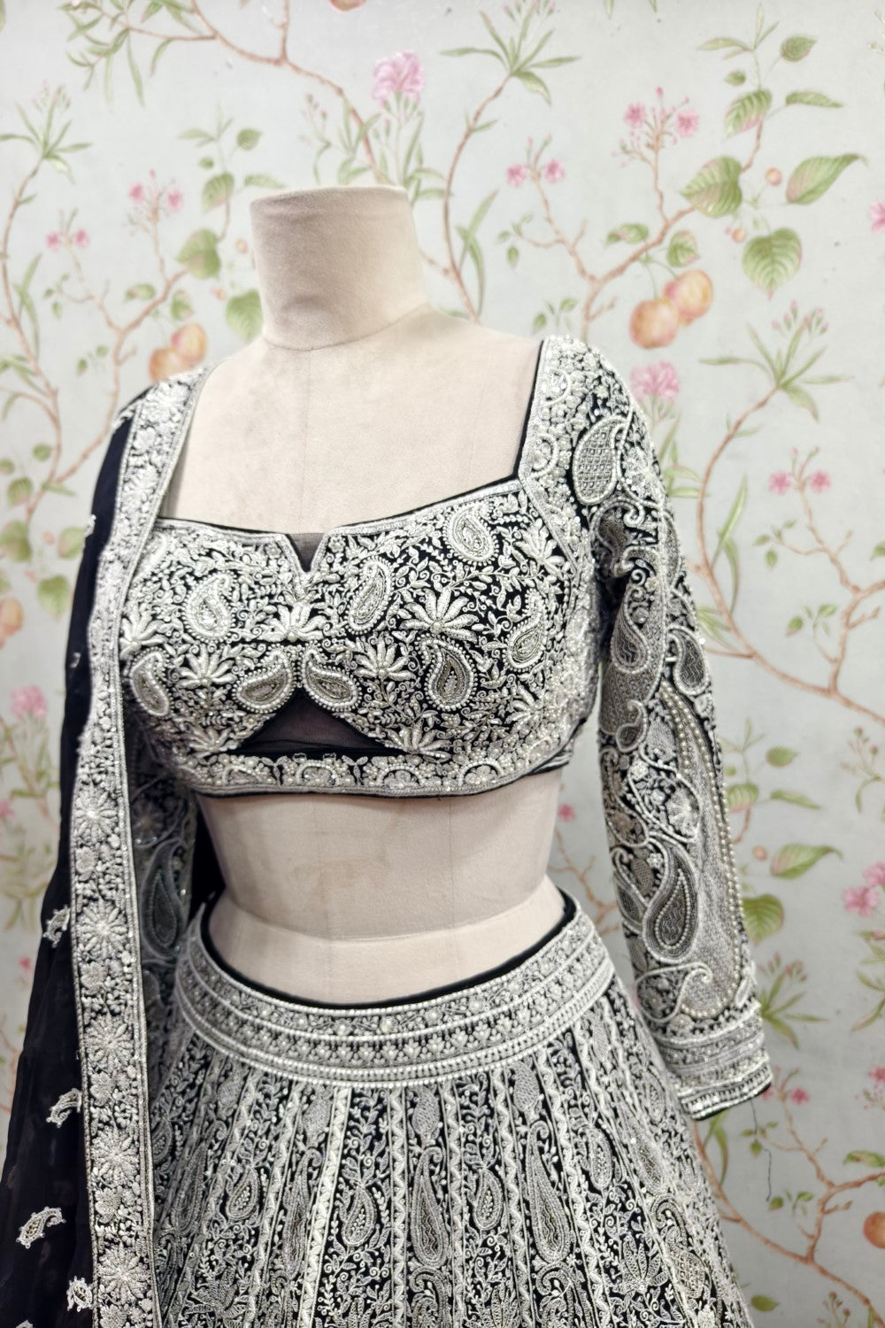 Black Net Embroidery Cutdana Sweetheart Neck Diamond Lehenga Set