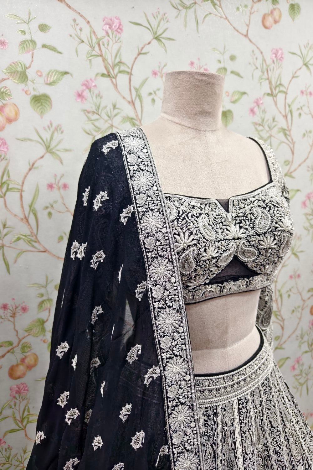 Black Net Embroidery Cutdana Sweetheart Neck Diamond Lehenga Set