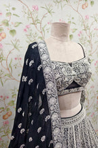 Black Net Embroidery Cutdana Sweetheart Neck Diamond Lehenga Set