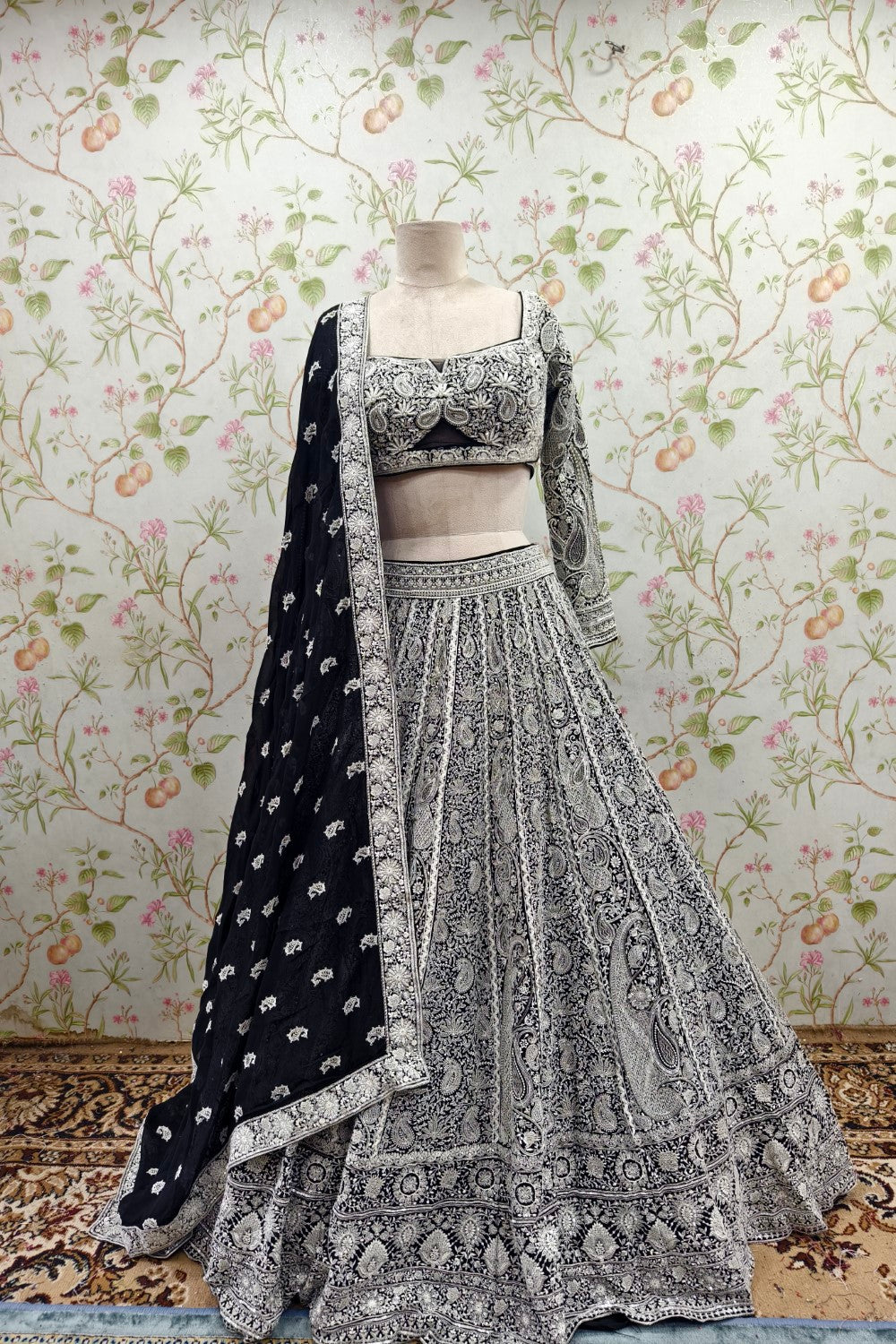 Black Net Embroidery Cutdana Sweetheart Neck Diamond Lehenga Set