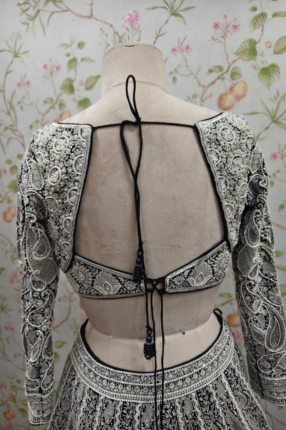 Black Net Embroidery Cutdana Sweetheart Neck Diamond Lehenga Set