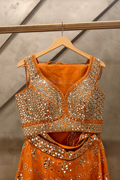 Orange  Embroidered Sequin Sweetheart Floral Lehenga