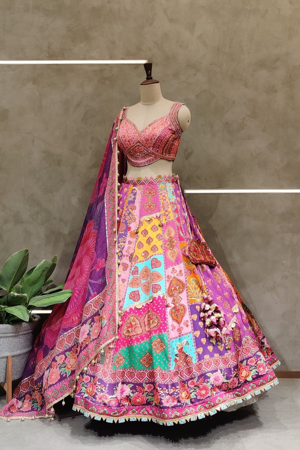 Pink Floral lehenga with hand zari