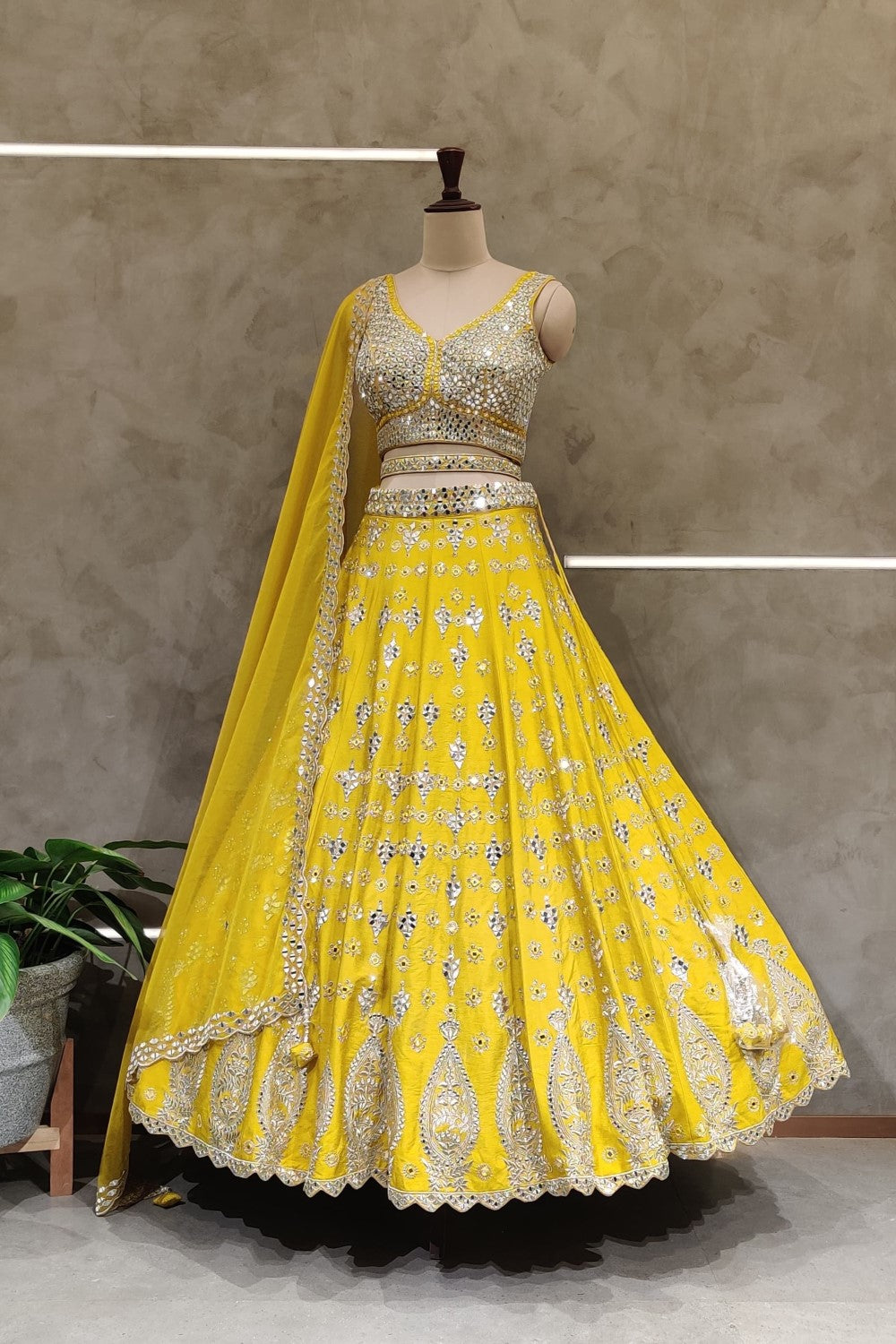 Yellow Embroidered Floral Notched zari Lehenga Set