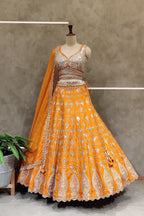 Orange  Embroidered Sequin Sweetheart Floral Lehenga