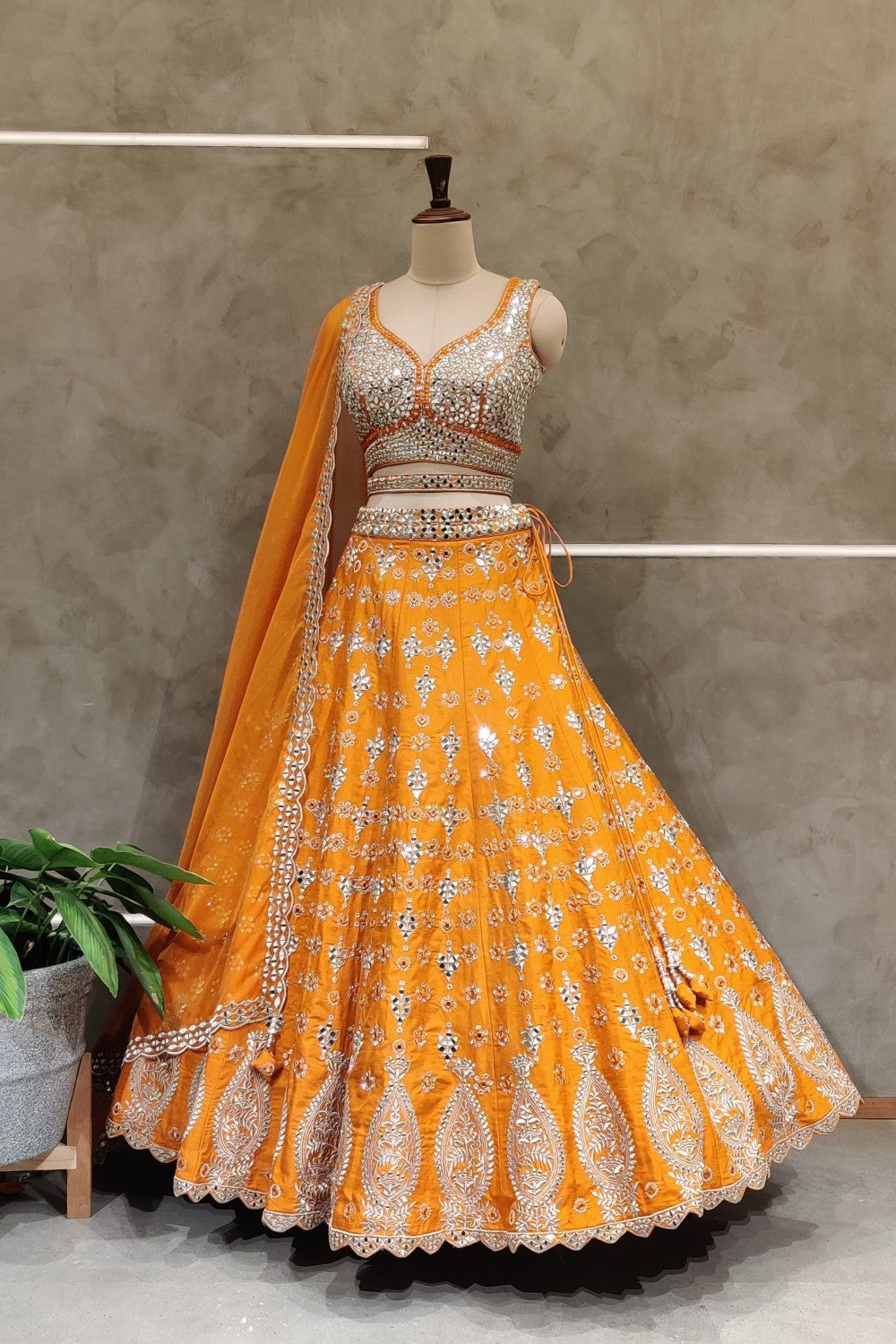 Orange  Embroidered Sequin Sweetheart Floral Lehenga