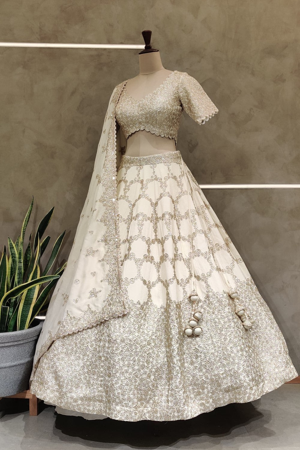 White moti and Sequins Embroidered Lehenga Set