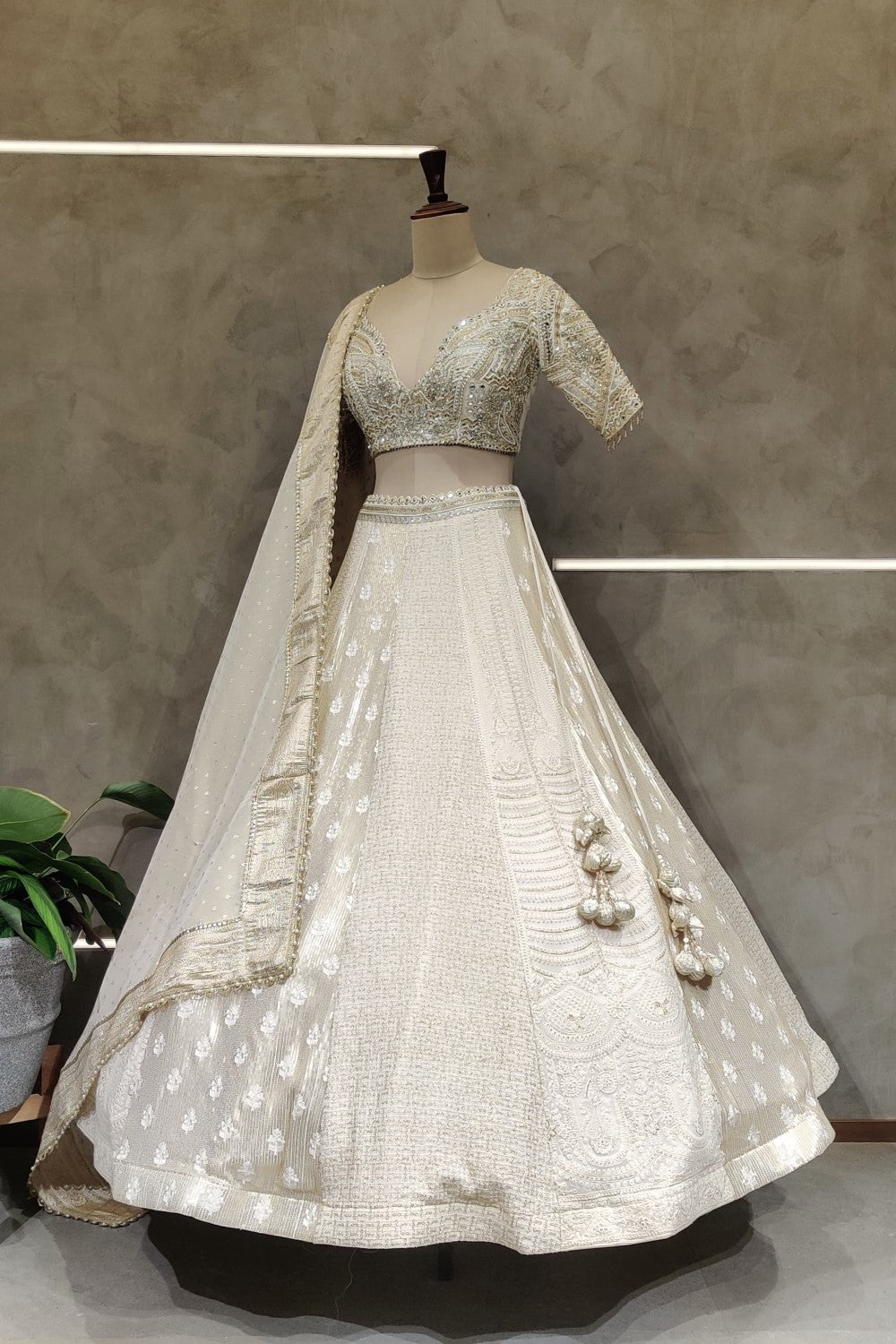 Off White  Embellished Floral Embroidered Blouse Lehenga Set Main image