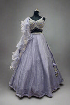 Blue net Embroidery Sequin Illusion Sheer Blunt V Neck Blouse Lehenga Set