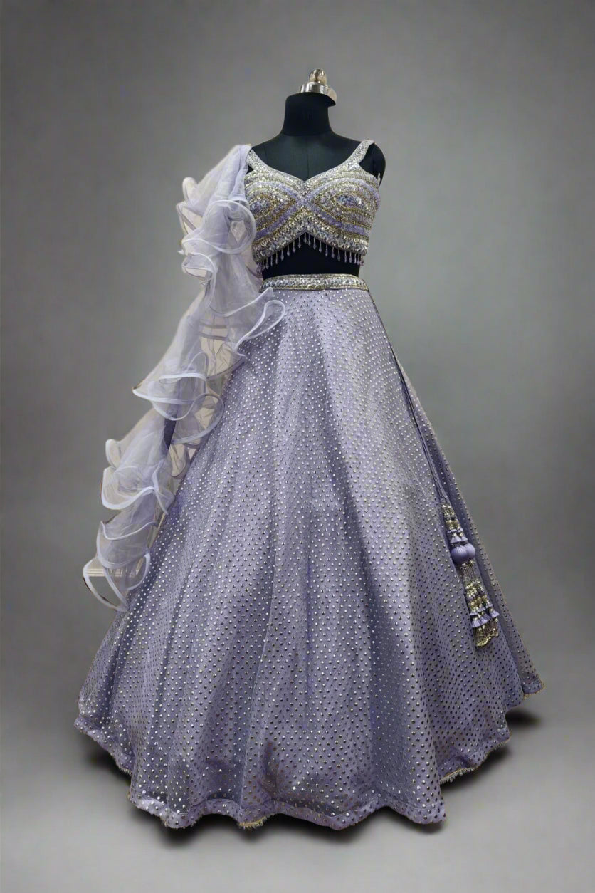 Blue net Embroidery Sequin Illusion Sheer Blunt V Neck Blouse Lehenga Set