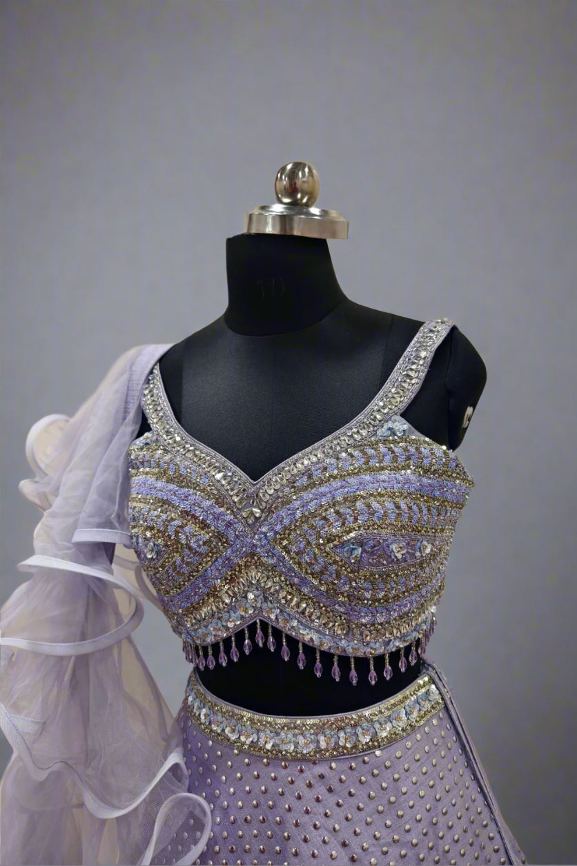 Blue net Embroidery Sequin Illusion Sheer Blunt V Neck Blouse Lehenga Set