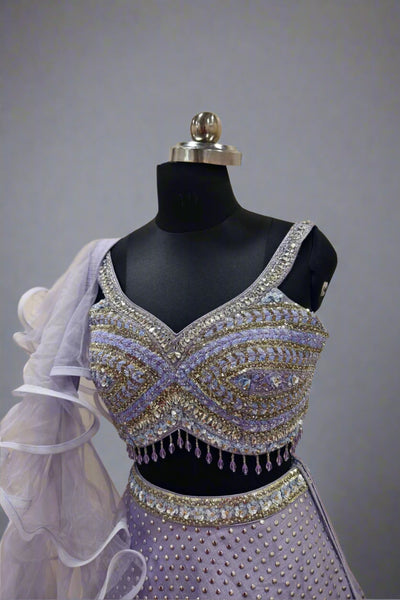 Blue net Embroidery Sequin Illusion Sheer Blunt V Neck Blouse Lehenga Set