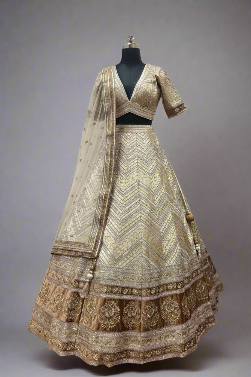 White Silk Embroidery Glass Beads with  Floral Zardosi  Lehenga Set