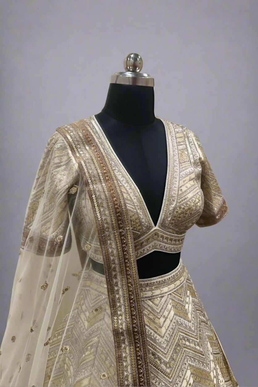 White Silk Embroidery Glass Beads with  Floral Zardosi  Lehenga Set