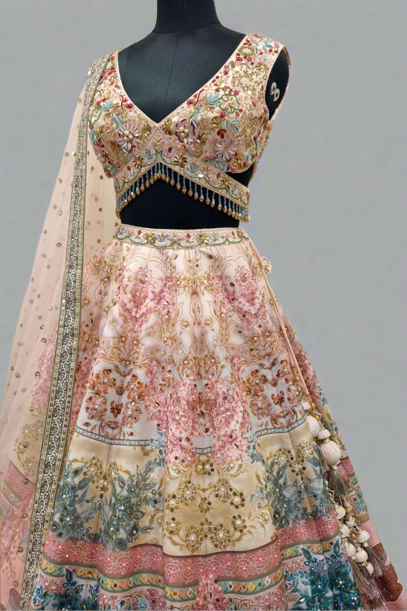 Multi Color silk Embroidered Resham Geometric Pattern  Lehenga Set