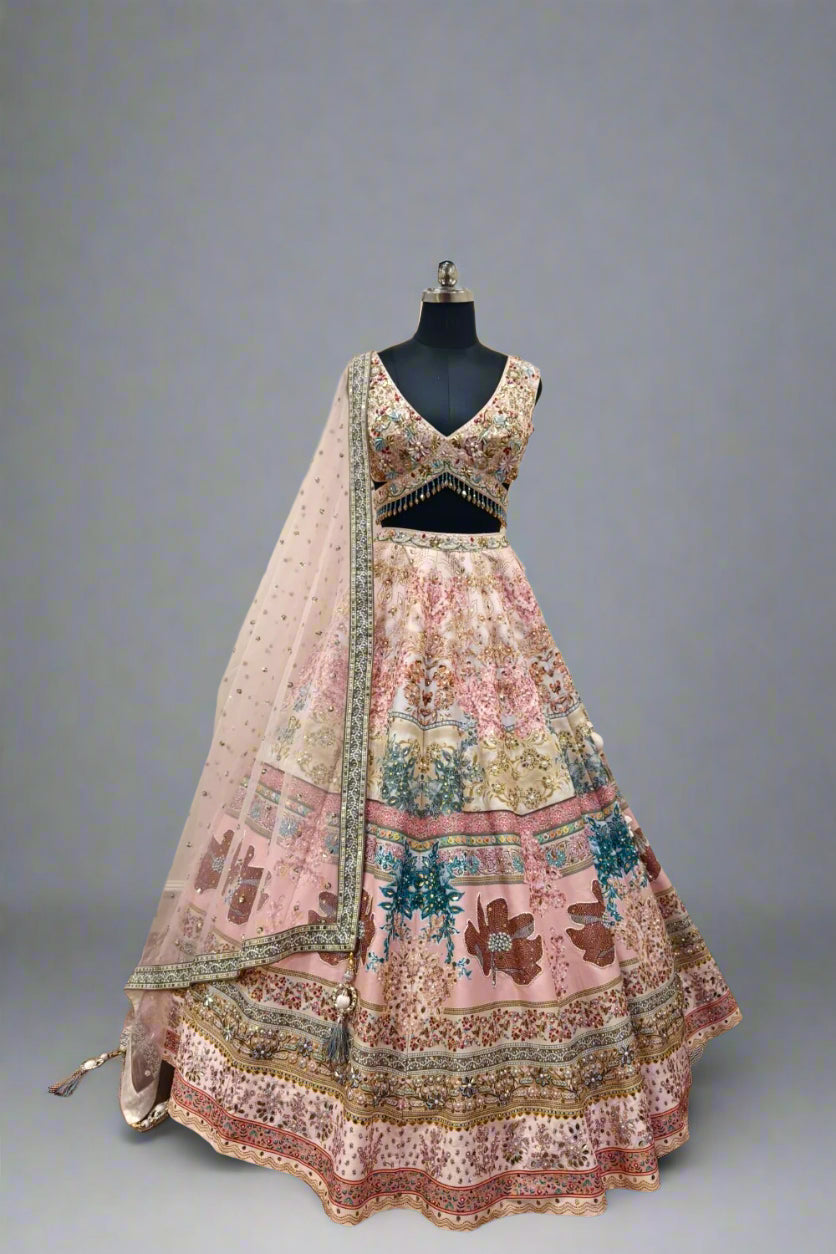Multi Color silk Embroidered Resham Geometric Pattern  Lehenga Set