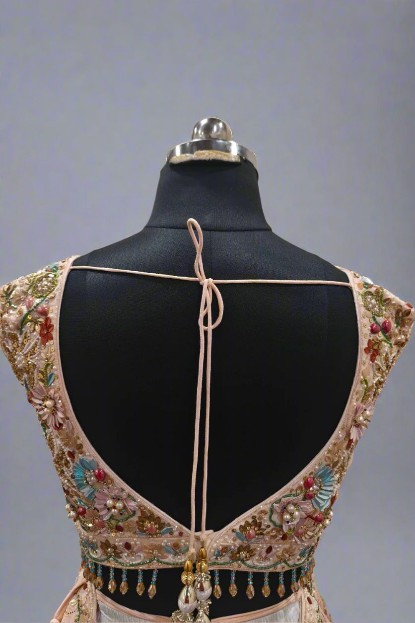 Multi Color silk Embroidered Resham Geometric Pattern  Lehenga Set