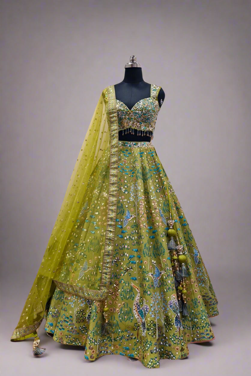 Green Blouse Dupion Embroidery Sequins Vintage Floral Lehenga Set Main image