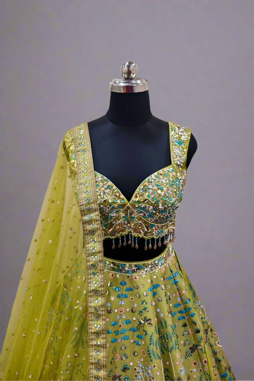 Green Blouse Dupion Embroidery Sequins Vintage Floral Lehenga Set Secondary image