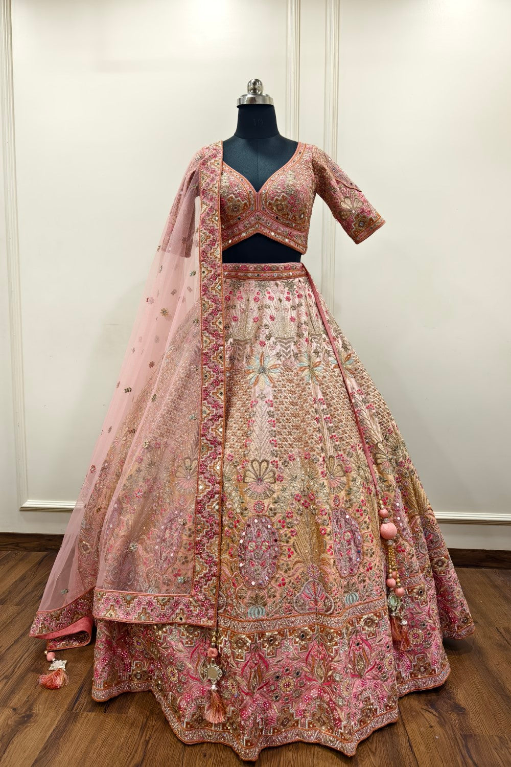 Pink Pure Raw Silk Hand Embroidered Thread u Neck And Zari Bridal Lehenga Set