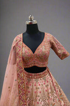 Pink Pure Raw Silk Hand Embroidered Thread u Neck And Zari Bridal Lehenga Set