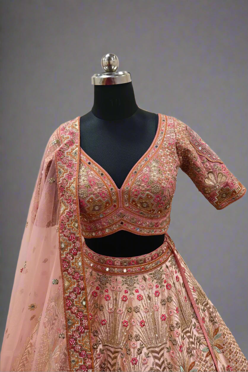 Pink Pure Raw Silk Hand Embroidered Thread u Neck And Zari Bridal Lehenga Set