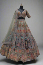 Blue Organza Embroidery Sequin V Neck Haze Fleur Bridal Lehenga Set