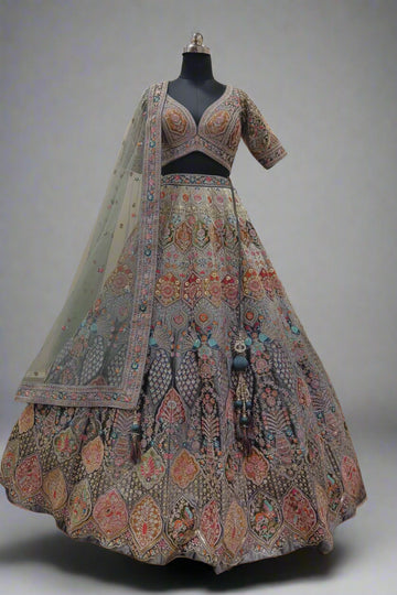 Blue Organza Embroidery Sequin V Neck Haze Fleur Bridal Lehenga Set