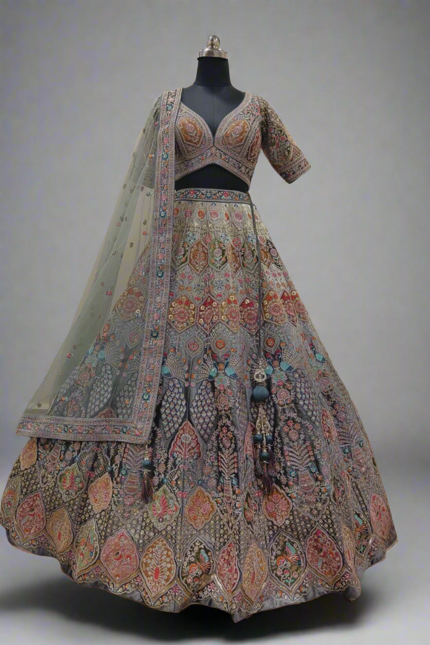 Blue Organza Embroidery Sequin V Neck Haze Fleur Bridal Lehenga Set