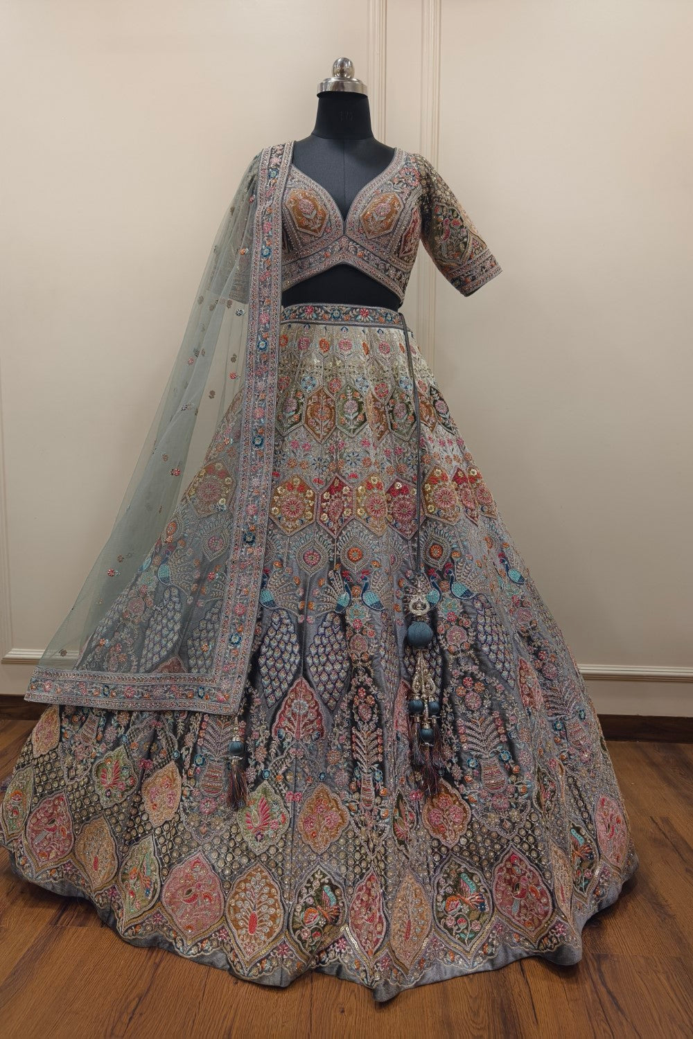 Blue Organza Embroidery Sequin V Neck Haze Fleur Bridal Lehenga Set