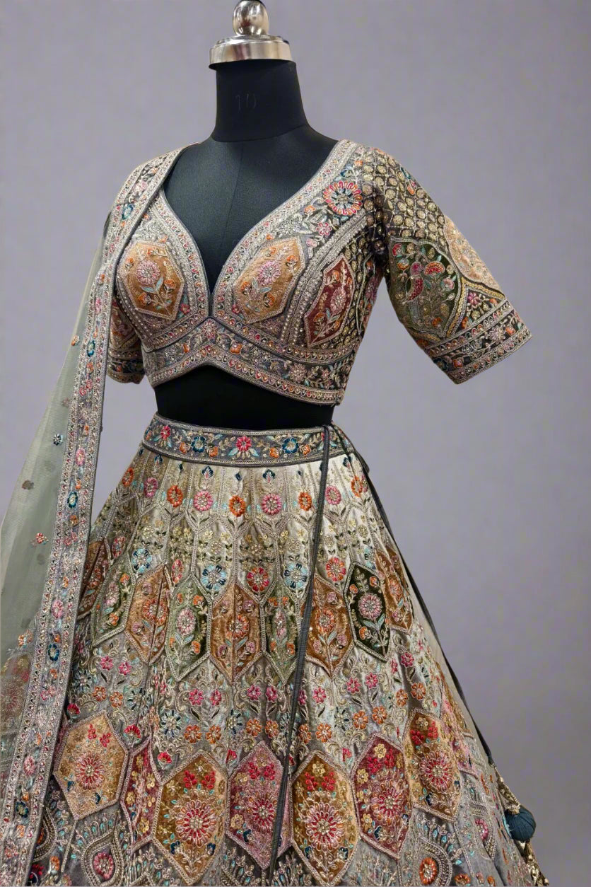 Blue Organza Embroidery Sequin V Neck Haze Fleur Bridal Lehenga Set