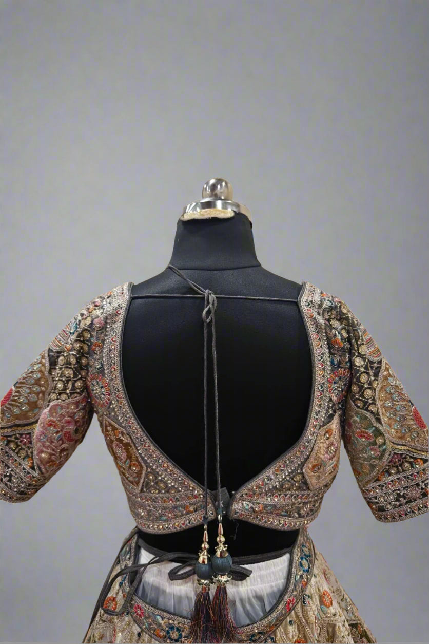 Blue Organza Embroidery Sequin V Neck Haze Fleur Bridal Lehenga Set