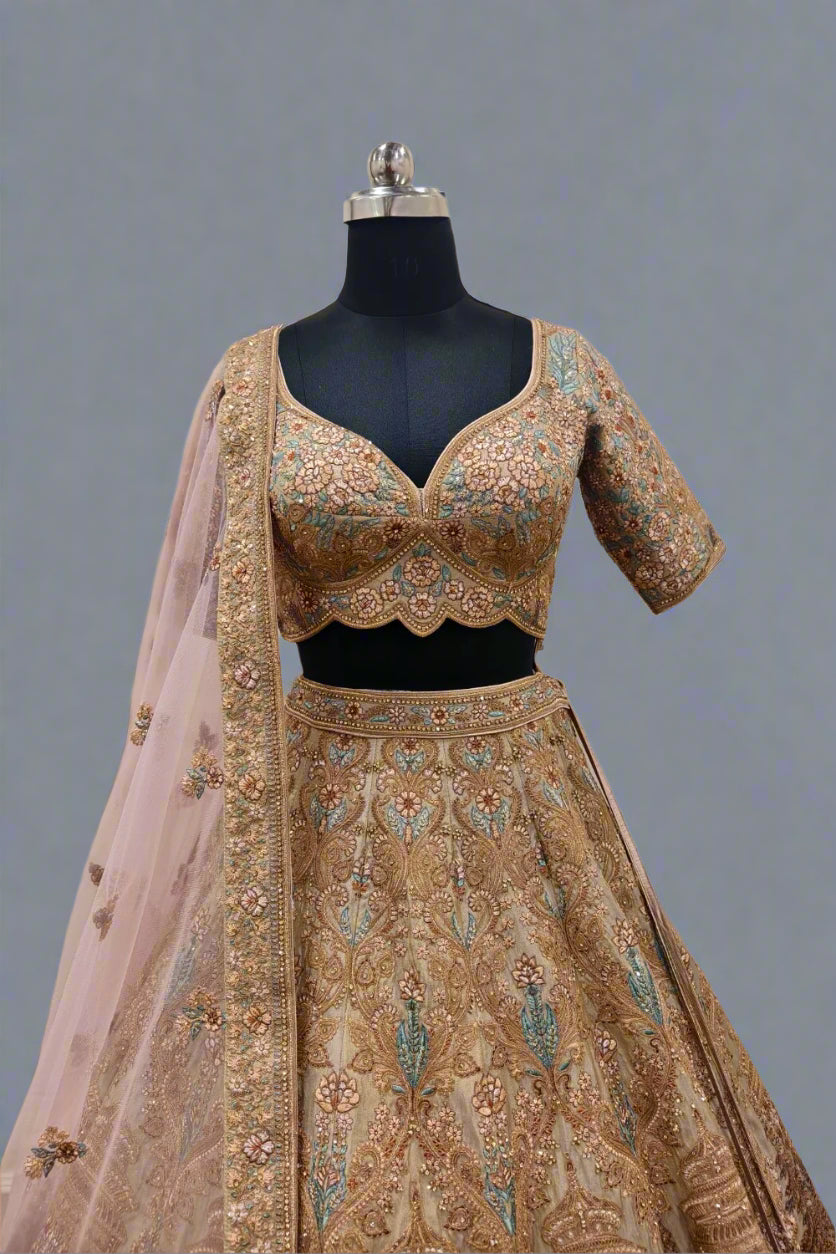 Gold Satin Embroidered Dabka Sweetheart Rosette Vine Zari Bridal Lehenga Set