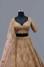 Gold Satin Embroidered Dabka Sweetheart Rosette Vine Zari Bridal Lehenga Set