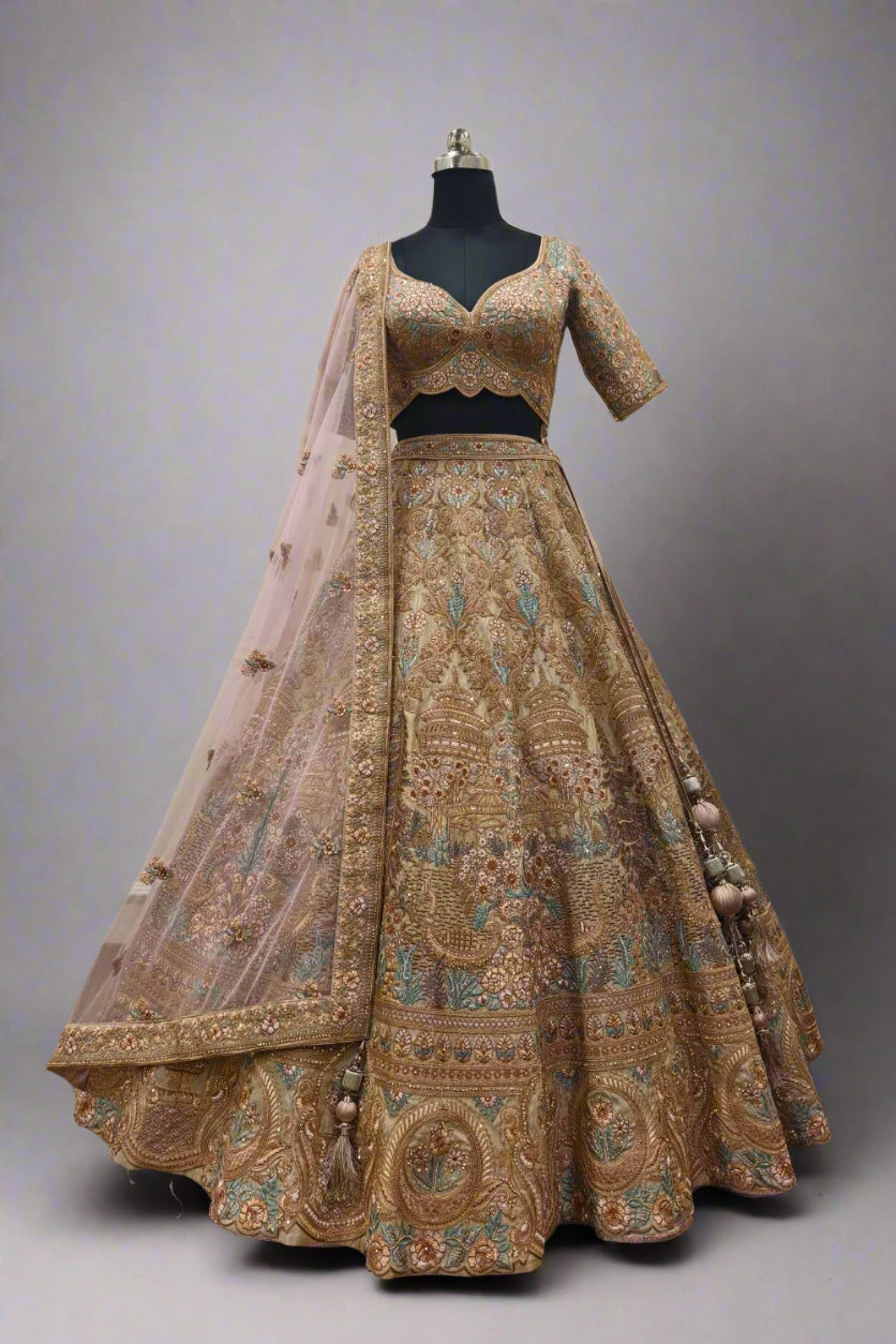 Gold Satin Embroidered Dabka Sweetheart Rosette Vine Zari Bridal Lehenga Set