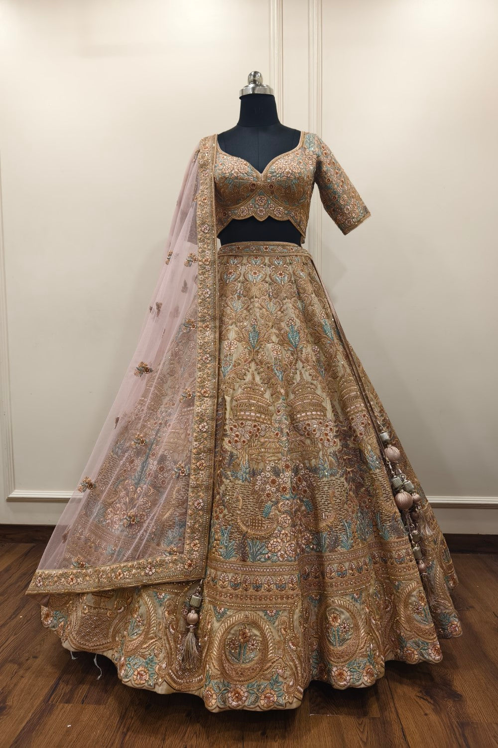 Gold Satin Embroidered Dabka Sweetheart Rosette Vine Zari Bridal Lehenga Set