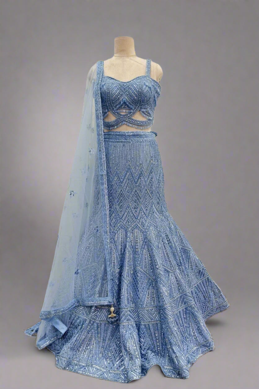 Blue  Embroidery Beads One Crystal And Sequin Lehenga With Blouse Main image