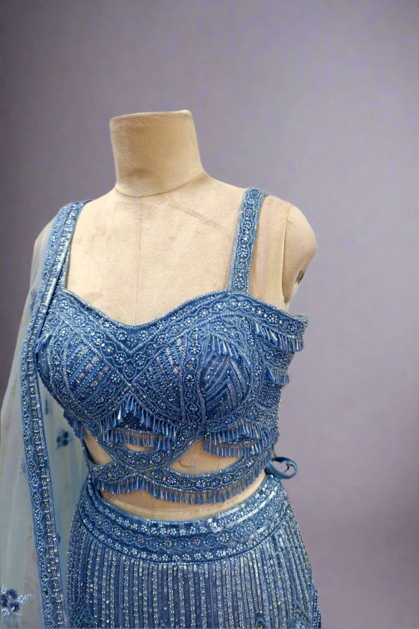 Blue  Embroidery Beads One Crystal And Sequin Lehenga With Blouse