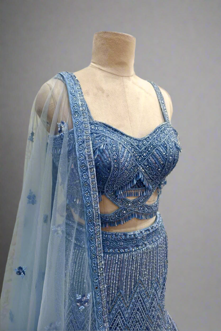 Blue  Embroidery Beads One Crystal And Sequin Lehenga With Blouse