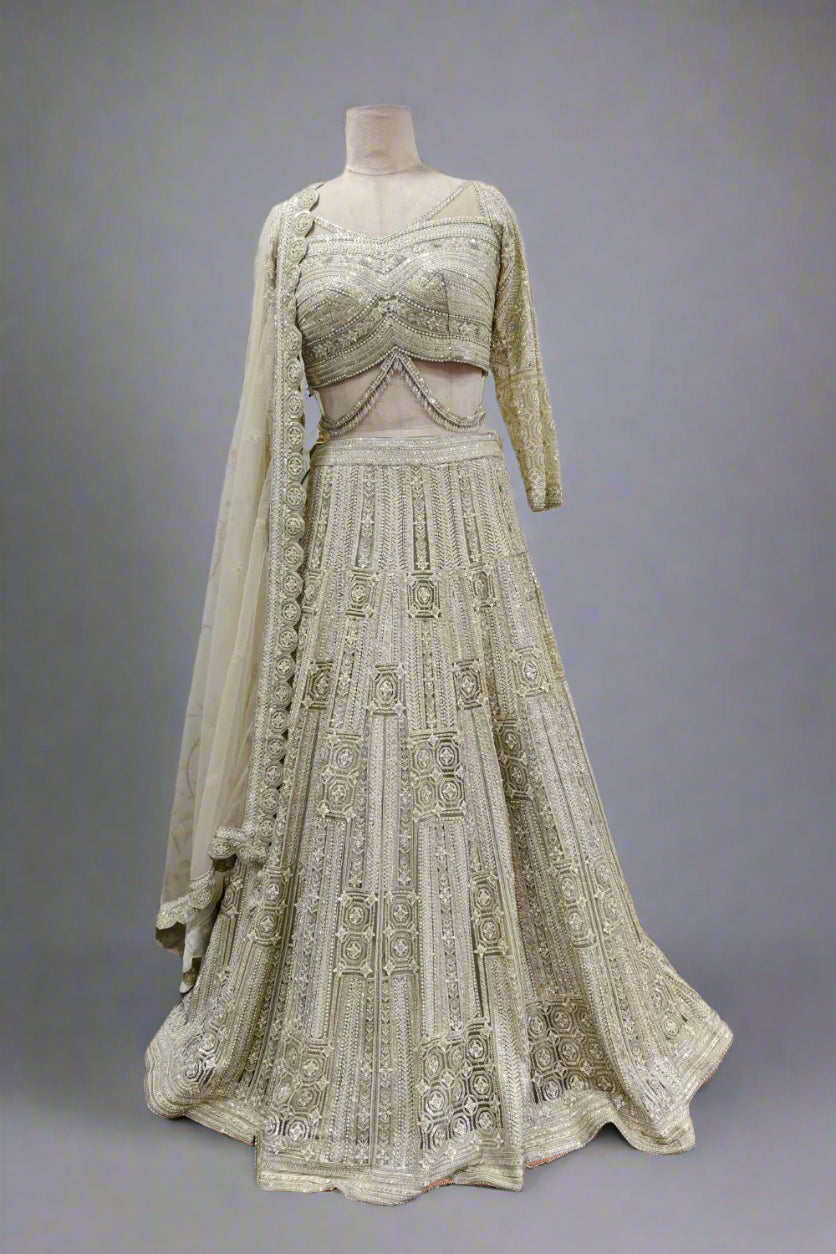 Ivory Hand-Embroidered Cocktail Lehenga with Luxe Detailing