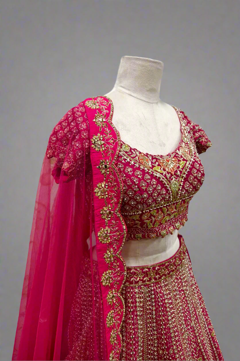 Regal Rani Pink Hand-Embroidered  Lehenga with Intricate Zari Work