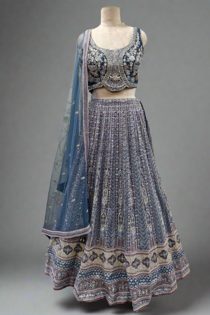 Midnight Blue Hand-Embroidered Lehenga with Intricate Zari and Sequin Det