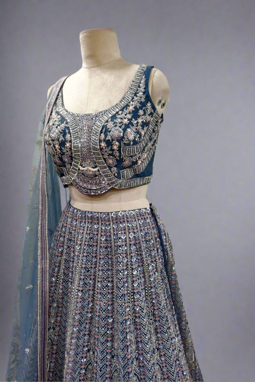 Midnight Blue Hand-Embroidered Lehenga with Intricate Zari and Sequin Det