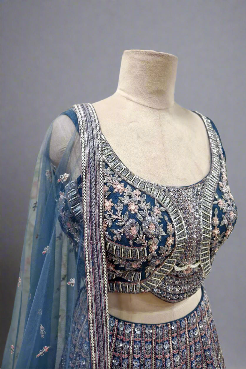 Midnight Blue Hand-Embroidered Lehenga with Intricate Zari and Sequin Det