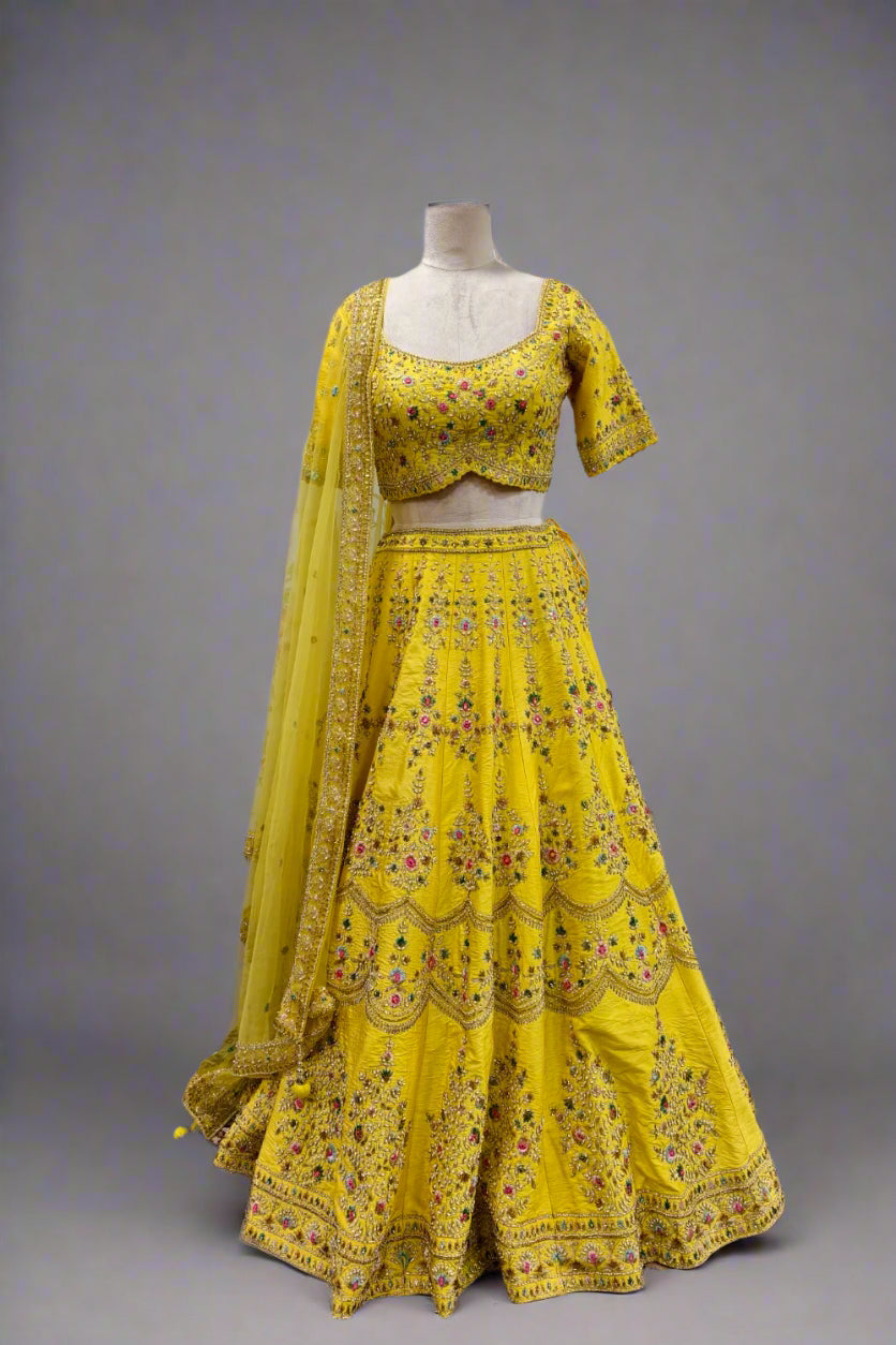 Sunshine Yellow Embroidered Lehenga with Intricate Floral Motifs