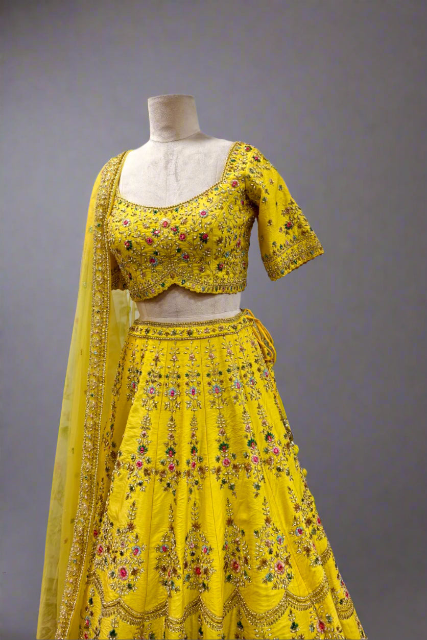Sunshine Yellow Embroidered Lehenga with Intricate Floral Motifs